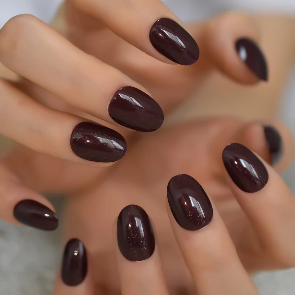 Reuseable Daily Fake Nails Gelnails Dark Color Shimmer Shiny Ladies Fingernails Short Oval Manicure Art Tips