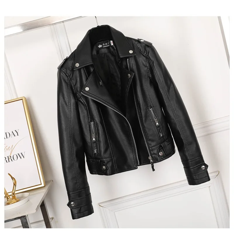 新しいピンク/ベージュ/黒の女性の服ショートオートバイ PU レザージャケット秋 JAdd 綿コートラペルジップショート女性ジャケット