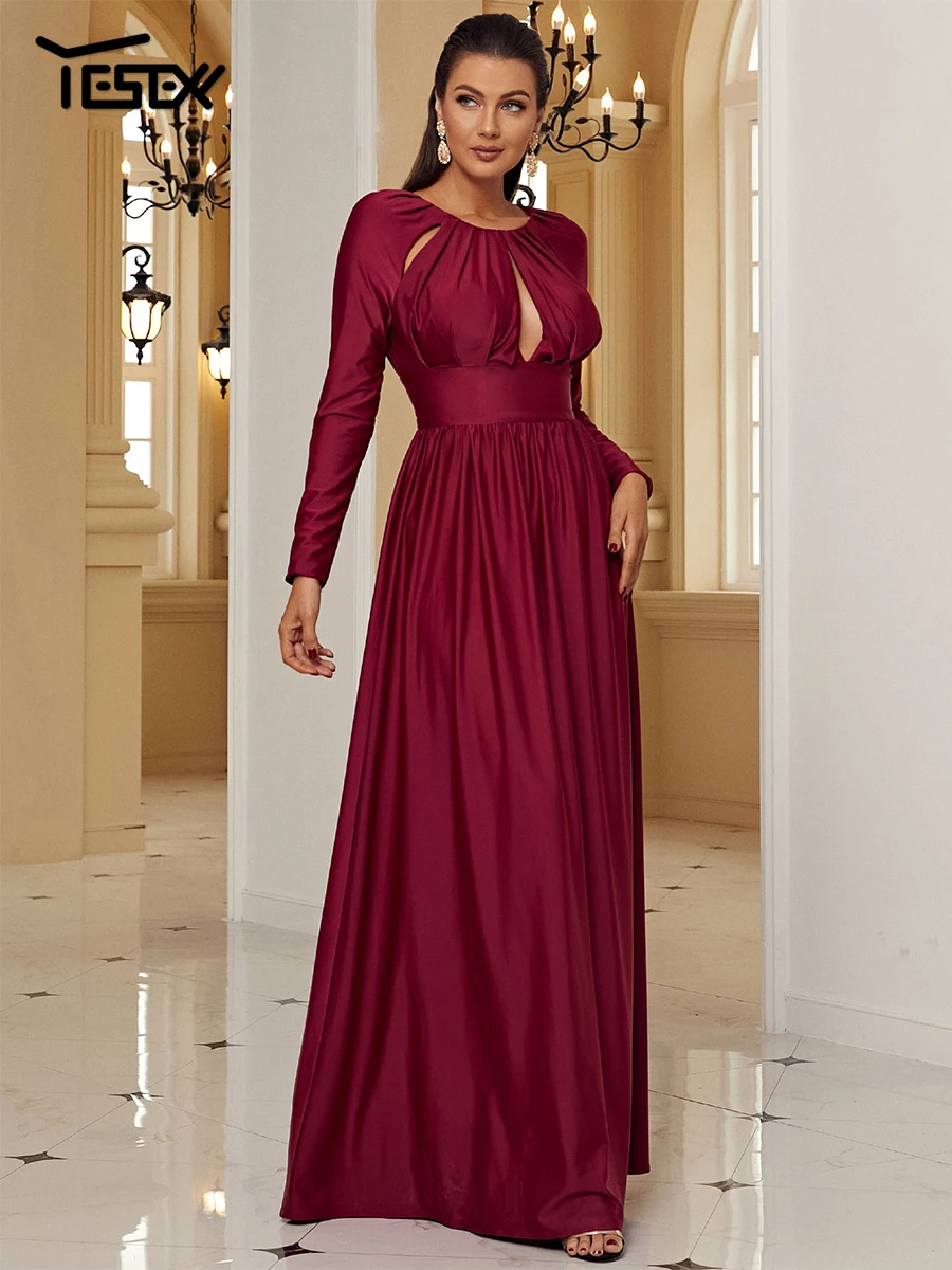 Yesexy Winter Burgundy plisowane wycięcie z długim rękawem eleganckie sukienki Maxi na wieczorową suknię ślubną