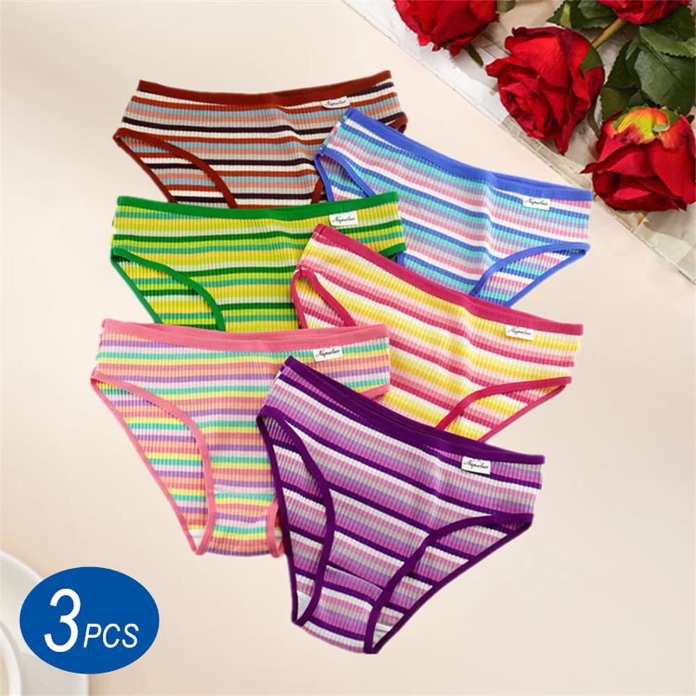 3PC Rainbow Striped Women's Ribbed Cotton Briefs Low Waist Girls Comfortable Panties Double Layer Co