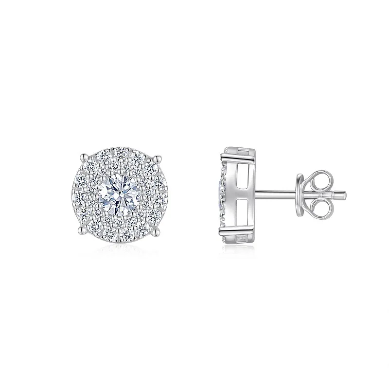 925 Sterling Silver Round Halo Moissanite Stud Earrings For Women Full Paved Small Moissanite Wedding Bridal Fine Jewelry Gift