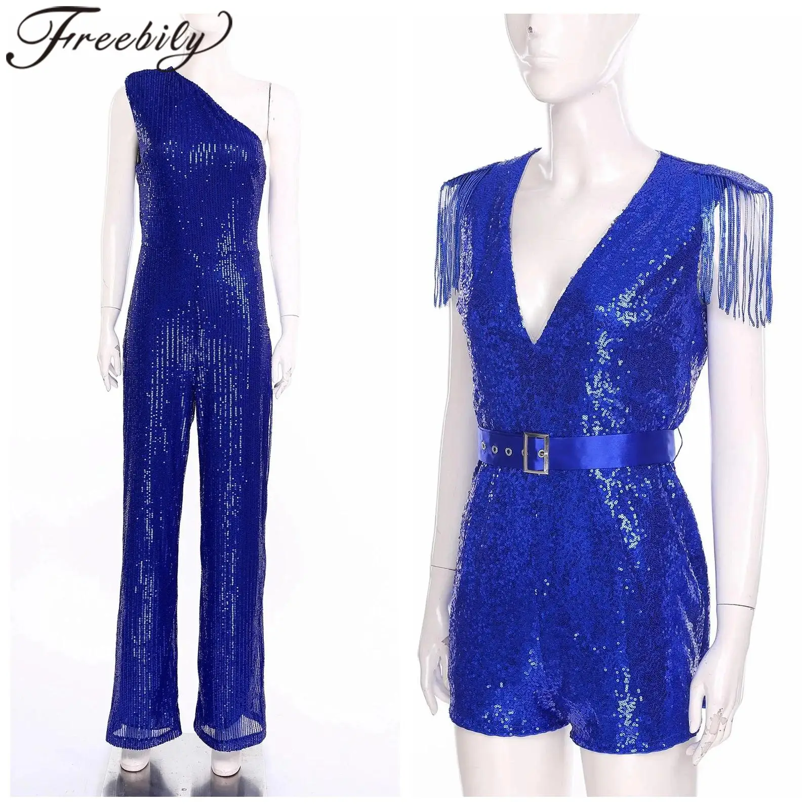 

Fashion Jumpsuit Women One Shoulder Sleeveless High Waist Jumpsuits Sequin Straight Pants Romper Evening Party Cocktail Clubwear