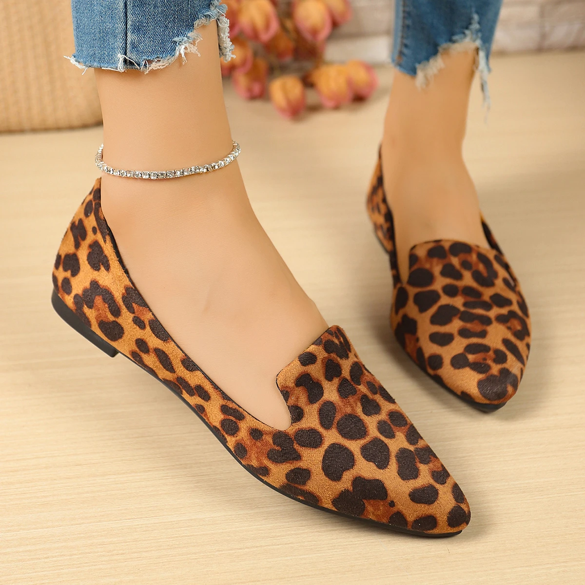 Damen-Flats mit spitzer Zehenpartie, einfarbige Flats für Damen, Frühling/Herbst, lässig, bequem, Leopardenmuster, braun, flacher Absatz. – Detail 6