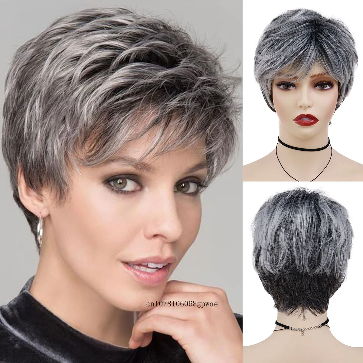 

Synthetic Mix Grey Hair Short Ombre Wig with Bangs Natural Layered Cut Wigs for Women Ladies Mommy Grandma Gift Wig Cosplay