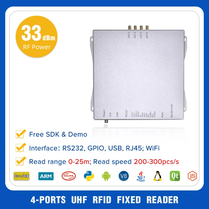 High Performance RS232 USB TCPIP WiFi 4G POE Long Range 4 Port UHF RFID Fixed Reader For Warehouse Inventory Management