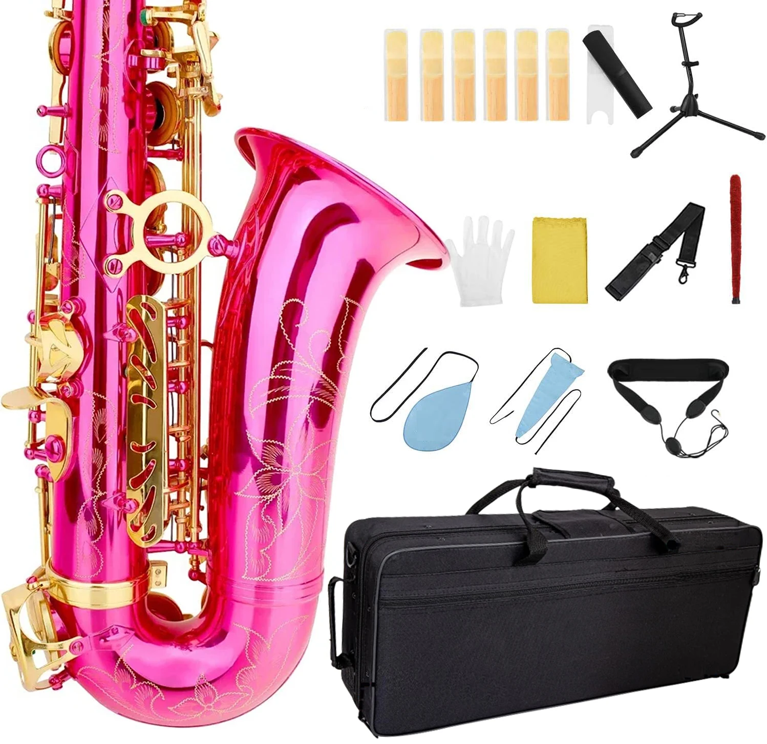 

Rose Red Eb Alto Saxophone for Beginners Adults Brass E Flat Key Type Saxophone Woodwind Instrument with Case Strap Glove Parts