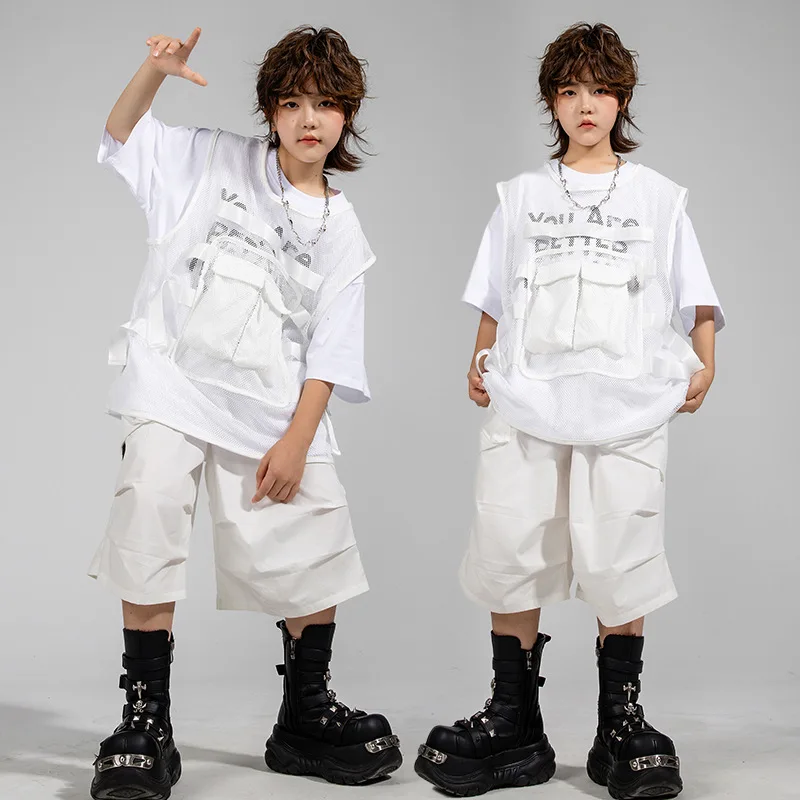 Kids Hip Hop Set White Net Vest T-shirt Street Dance Shorts Girls K-pop Streetwear Boys Jazz Costume Child Teens Clothes