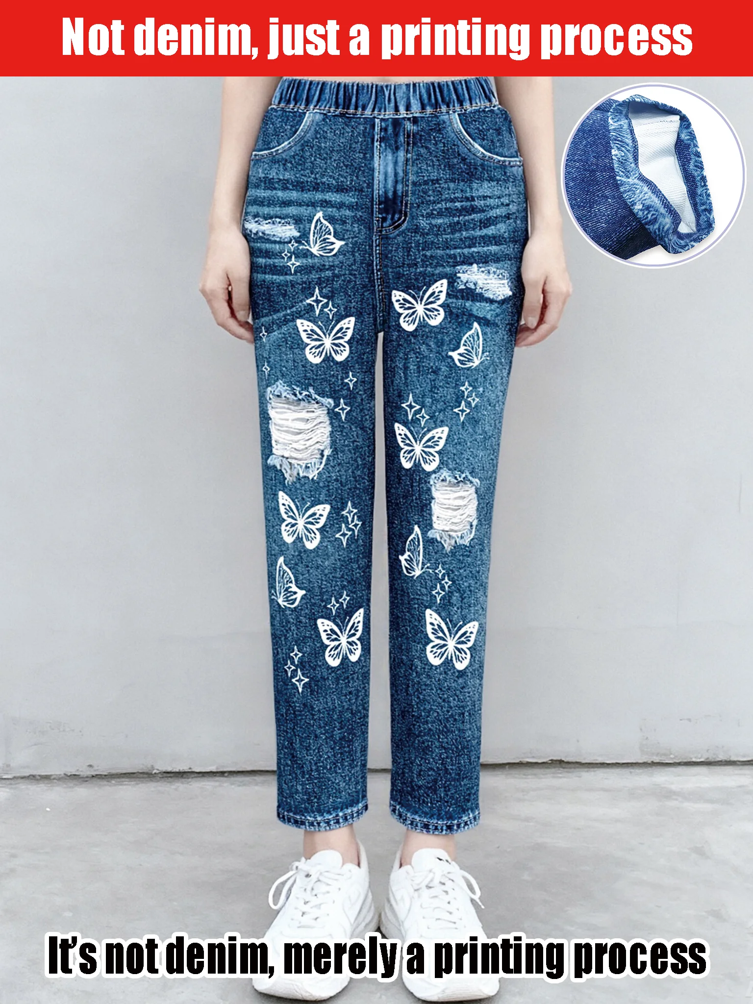 

Girls Distressed Denim Pants Butterfly Print Elastic Waist Casual Fashion Trousers for Daily Wear 2026