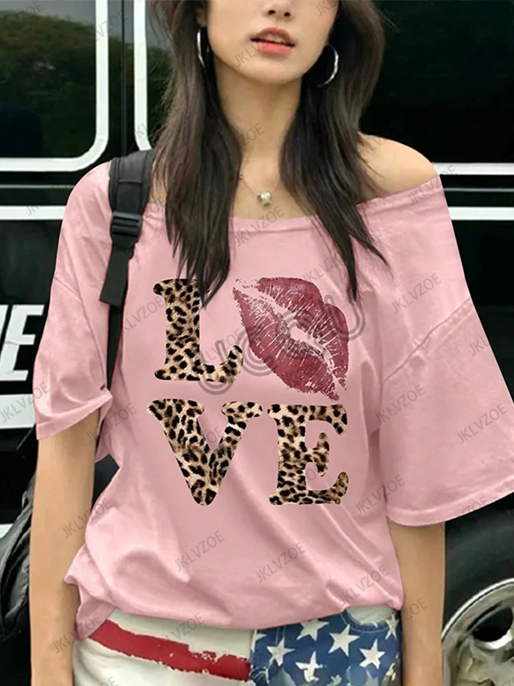 2025 été nouveau femmes imprimé léopard lèvres amour imprimé coton t-shirt à manches courtes col rond t-shirts décontracté mode surdimensionné hauts