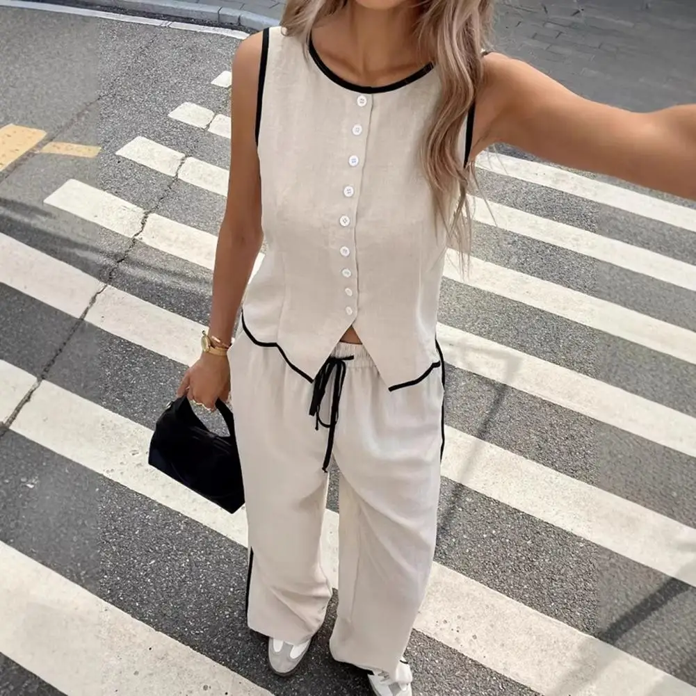 

Summer Women Contrast Color Sleeveless Single Breasted Vest + Drawstring Pants Two Peice Set 2026 New women Vest Top + Pant Suit