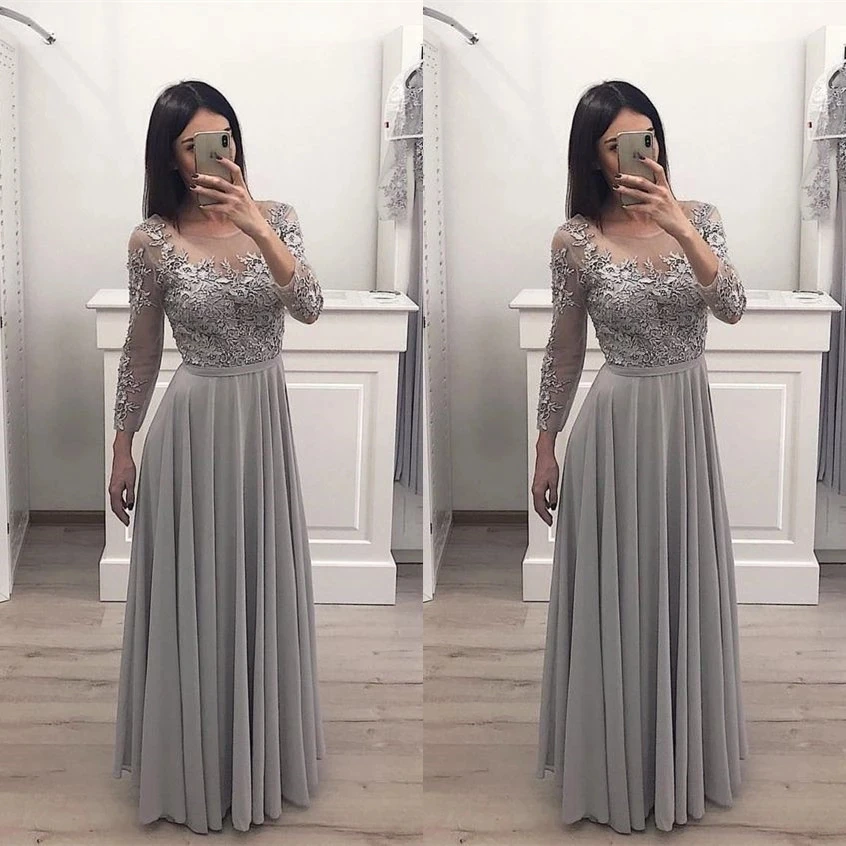 Angelsbrip prata cinza renda chiffon mãe da noiva vestido para festa de casamento manga longa vestidos de baile noite quente