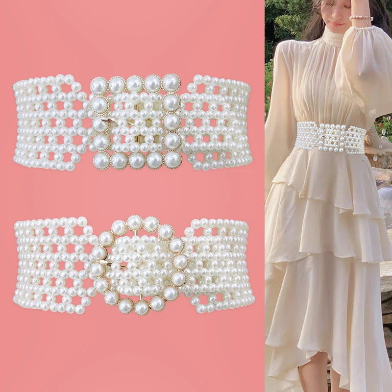 Elastic White Pearl Corset Belt Female Waist Designer Belts For Women High Quality Luxury Dress Stretch Cummerbunds Y2K