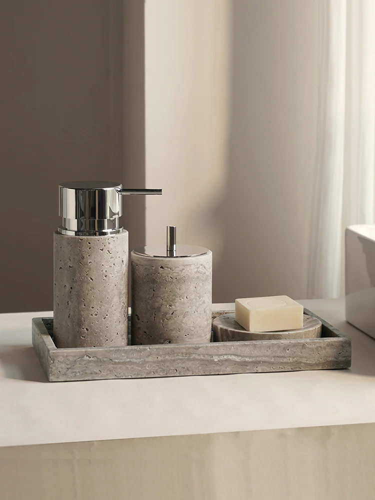 Travertino Grigio Bathroom Set Antique Natural Marble Soap Dispenser Reed Diffuser Soap Holder Tray Bathroom Accessories