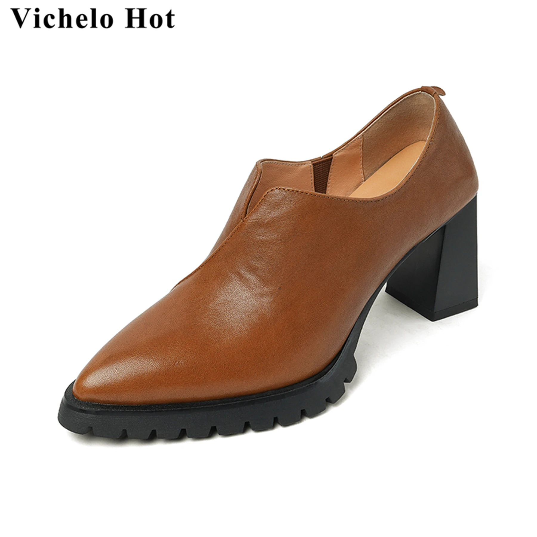 

Vichelo Hot 2024 Cow Leather Pointed Toe Chunky High Heels Spring Autumn Dress Shoes Vintage Comfort Casual Brand Women Pumps