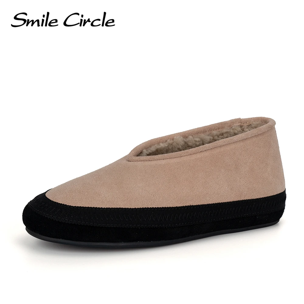 Women's Winter Flats Suede Leather Wool-Lined Loafers Natural Sheepskin Low-Cut Slippers Warm Indoor Shoes for Winter