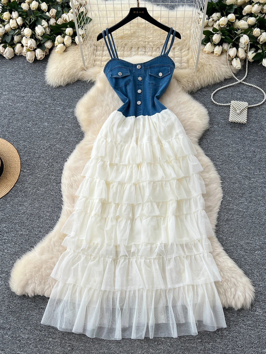 

Women'S Denim Dress Patchwork A-Line Long Chic Dress Off Shoulder Robe Y2K Slip Layered One Piece Dress Frocks Summer 2025 Trend