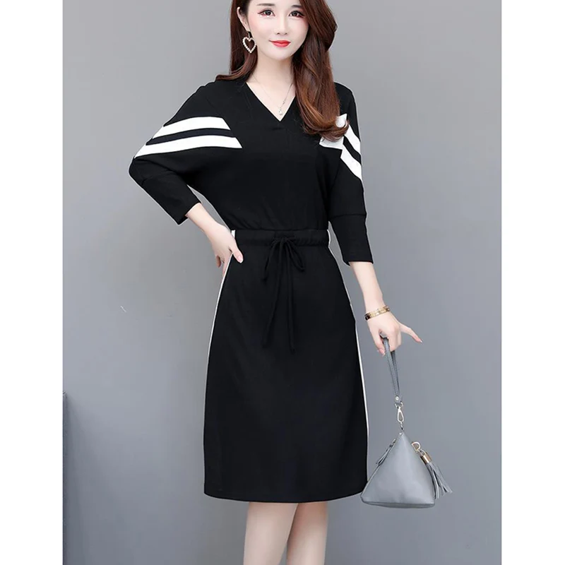 

Fashion V-Neck Shirring Bandage Striped Batwing Sleeve Casual Dress Women's Clothing 2024 Autumn New Loose Commuter Midi Dresses