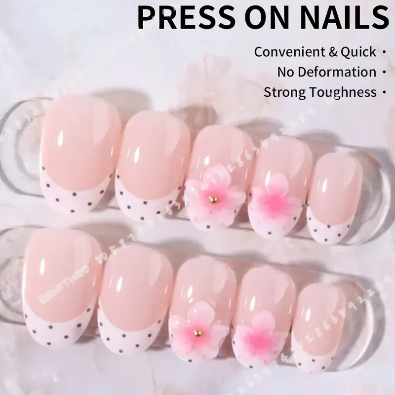 24pcs Short Oval 3D Gel Nail Tips Flower Nail Art French Acrylic Press On Nails False Nails for Women DIY Manicure