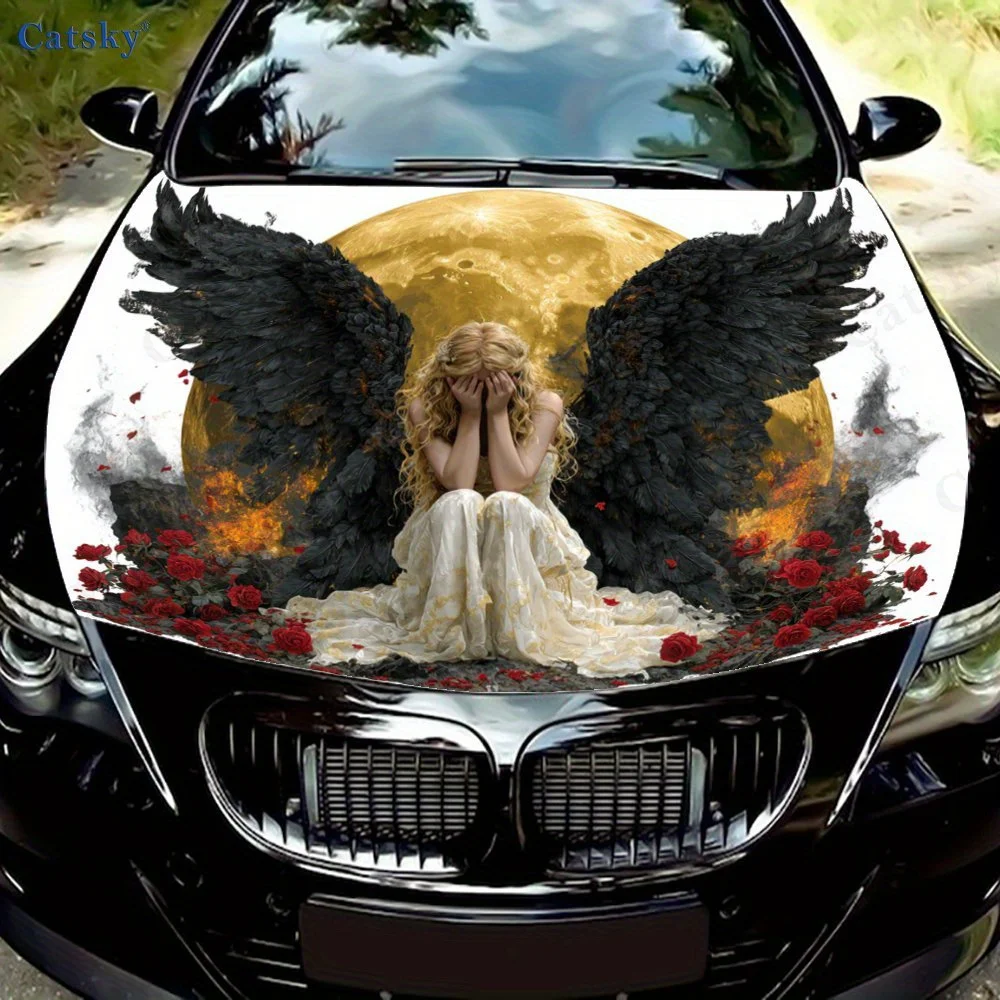 

Mysterious Dark - Winged Angel Car Hood Sticker, Moonlit Rose Atmosphere Body Decoration Sticker, waterproof self-adhesive, scra