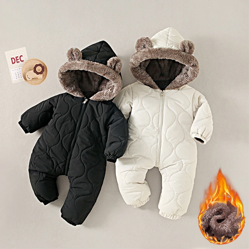 

Плюшевый комбинезон с милыми ушками для маленьких девочек и мальчиков от 0 до 3 лет, теплый зимний комбинезон на флисовой подкладке, детский мягкий комбинезон с капюшоном для ползания ​