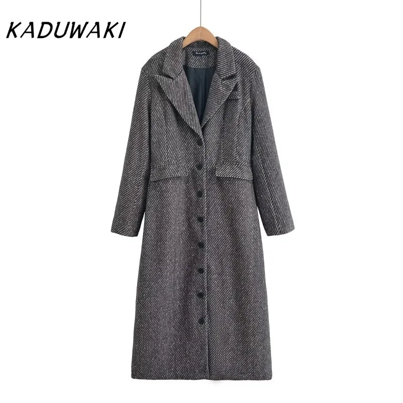 

KADUWAKI винтажные осенние женские длинные шерстяные куртки с шикарным воротником и прямым вырезом с длинными рукавами Тренч Женский