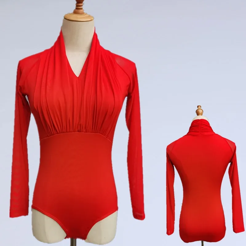 Sexy Latin Dance Bodysuit for Women Long Sleeve Stretch Leotard Costume 2023 V-neck Spandex Dance Costume Exercise Clothing