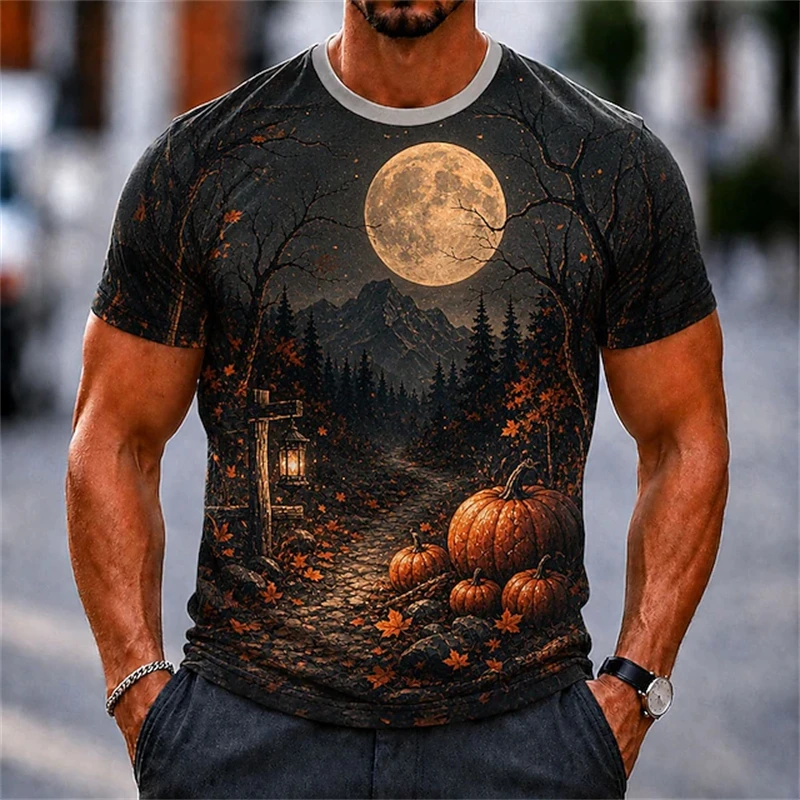 Men's New Summer Orange Pumpkin Scarecrow Raven Full Moon Halloween Horror-Themed Top Round-Neck Fashionable Short-Sleeve Shirt