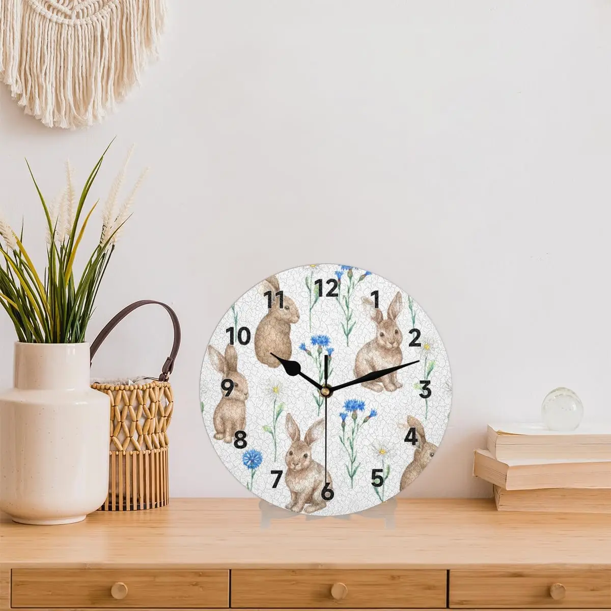 Easter Rabbit Floral Decorative Round Wall Clock 9.84 Inch Animal Flower Modern Wall Clocks Battery Operated for Kitchen Living