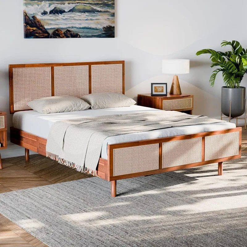 

Signature Bed Frame, Queen Bed Frame and Headboard Unique Geometric, Mid Century Modern, Solid Acacia Wood, No Box Spring Needed