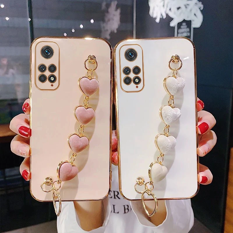 Case For Xiaomi Redmi Note 13 12Pro 12C 12S 11 11S 10C 10S 9 9S 9A 9C 9T A1 A2 Love Heart Plush Wrist Chain Luxury Plating Cover