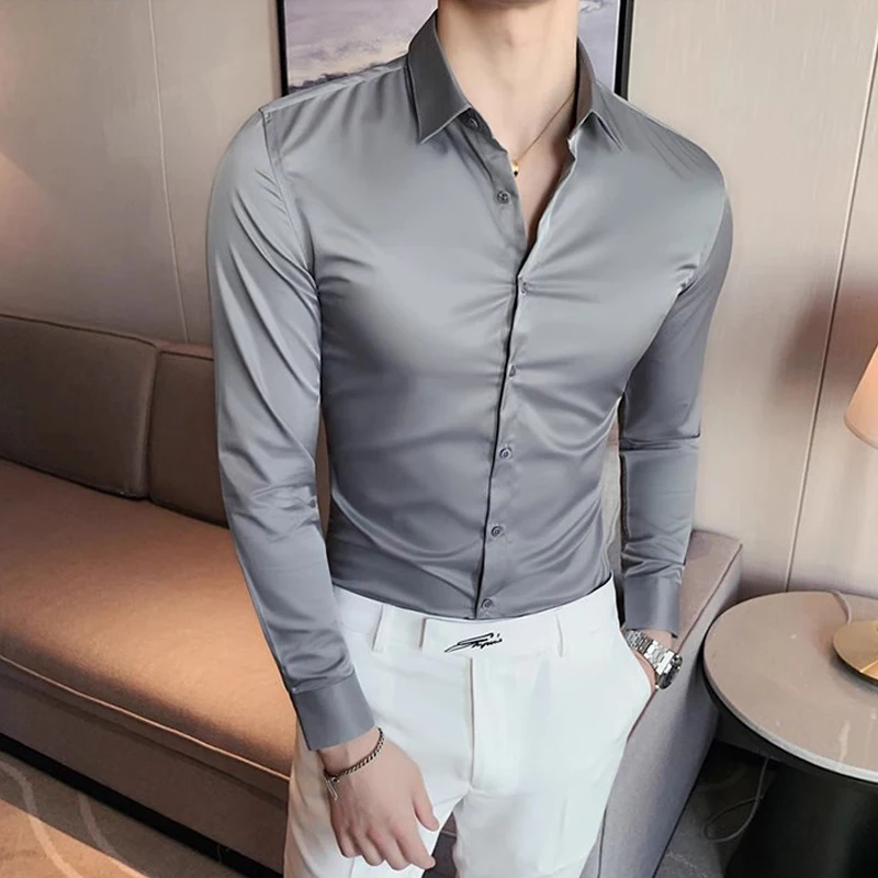 

11 Colors Men Solid Shirt Autumn Business Long Sleeved Formal Male Silk Shirts Korean Designer Slim Fit Camisa Social Masculina