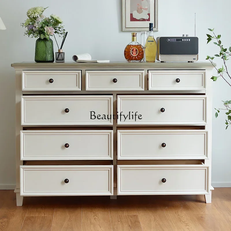 American cream style all solid wood nine chest cabinet living room against the wall retro bedroom storage cabinet