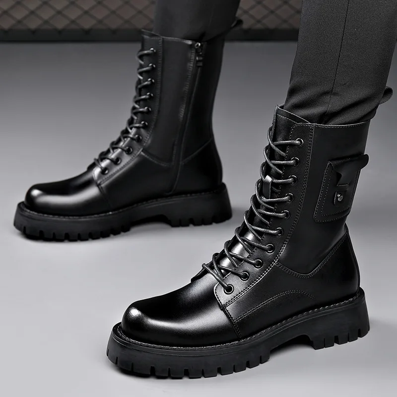 

men's casual autumn winter boots brand designer platform shoes lace-up high motorcycle boot handsome long knight botas zapatos