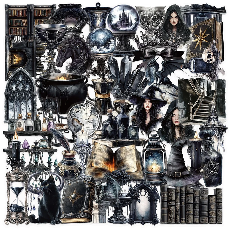 

50PCS Dark Cool Magic Witch Transparent Stickers Waterproof DIY Decor for Notebook Stationery Guitar Laptop Aesthetic Decals