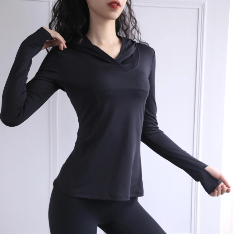 Women New Hooded Pure Colour Yoga Shirts Fashion Slim Elastic Force Blouse Long Sleeve Fitness Workout Casual Jackets Sportswear