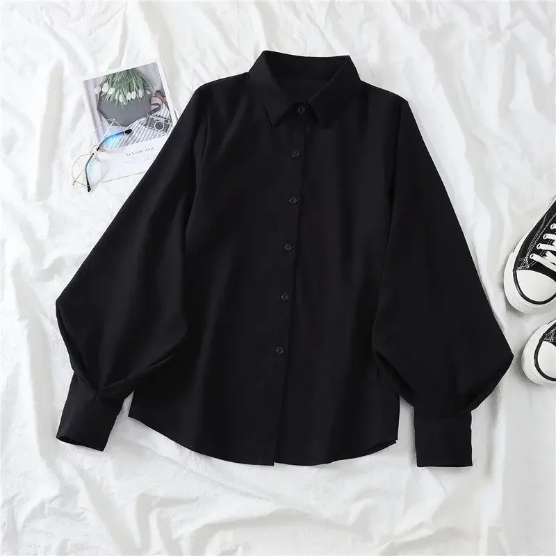 Fashion Lantern Sleeve Blouse Women Single Breasted Turn Down Collar Shirts Office Ladies Work Solid Vintage Black Outwear Tops