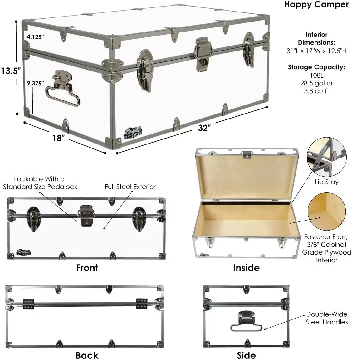 C&N Footlockers - Full-Size Happy Camper Trunk - #1 Summer Camp Trunk -Made in the USA-Steel Footlocker with Lid Stay-32x18x13.5