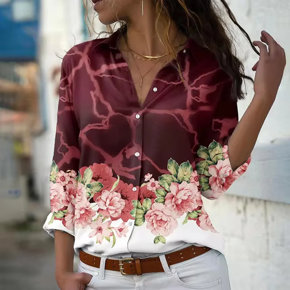 Summer New 3d Floral Print Long-Sleeved Shirt Women\'s Button Shirts & Blouses Fashion Black Tops Single-Breasted Lapel Shirts