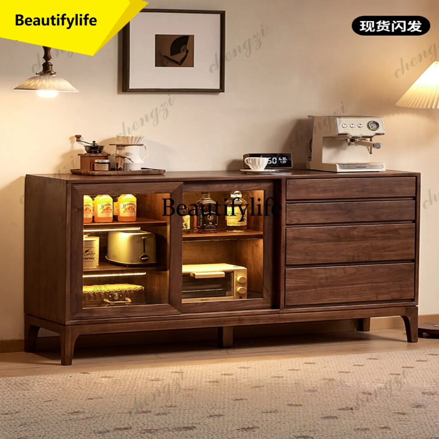 

A17 North American black walnut dining side cabinet Nordic solid wood home locker living room wall glass