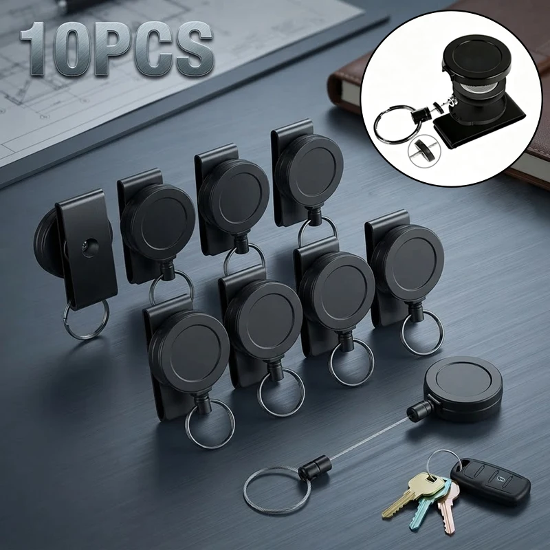 10PCS Heavy Duty Retractable Reel Charm Tactical Office Engraved Keyring Matte Black Metal Key Fob Pocket Pull Item Key Ring