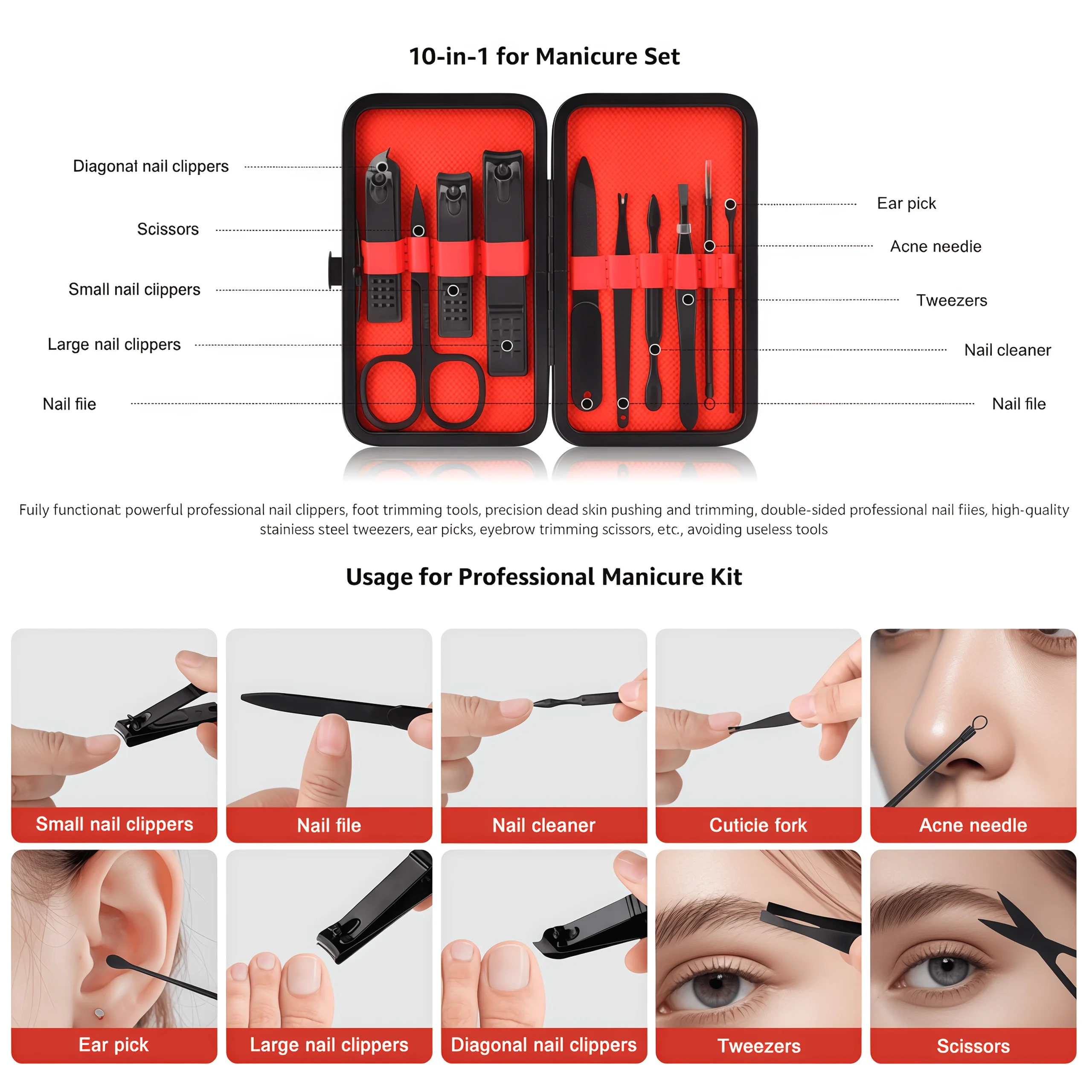 مجموعة واحدة من مجموعة العناية بالأظافر، اختيار الأذن، مقص أظافر بزاوية، مقص شعر الأنف، ملاقط، مجموعة مانيكير، هدية للجنسين، ضرورية للمنزل، هدية العيد