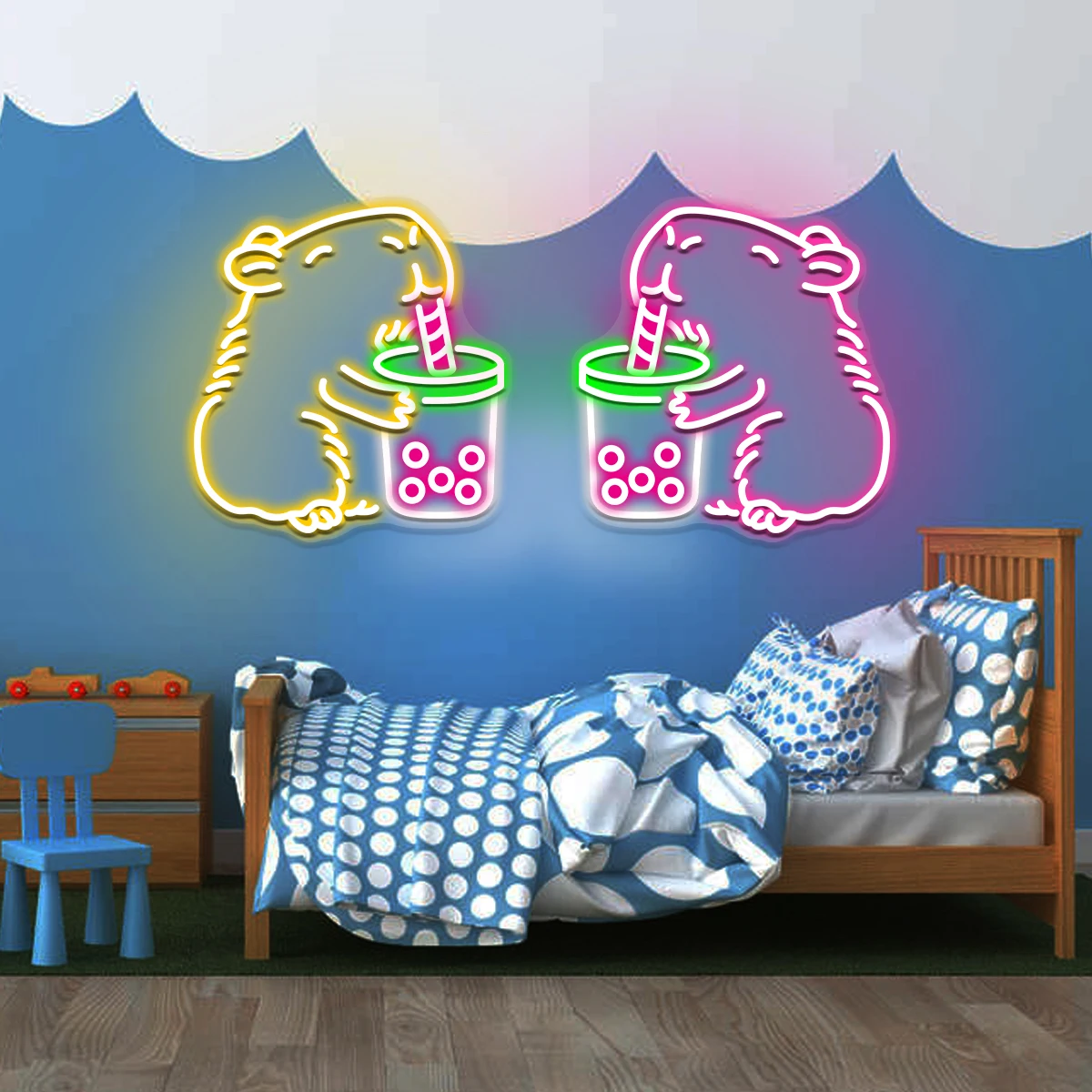 Beba leite chá marmot para decoração, iluminação dos desenhos animados para criar uma atmosfera feliz, loja de chá neon para quarto, quarto infantil