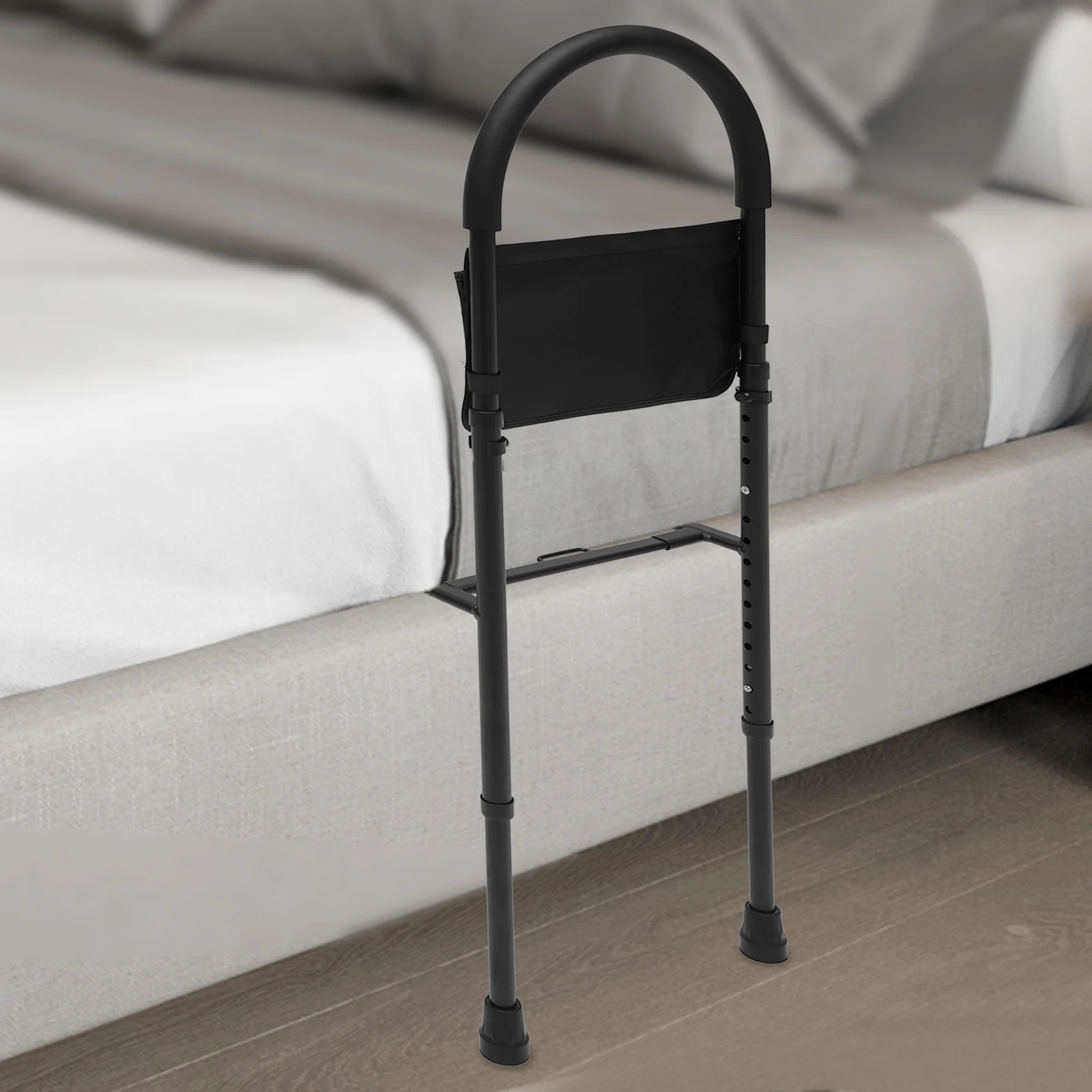 Bed Assist Rail with Adjustable Height, Safety Hand Rail Bedside Handle with Floor Support, Bed Rail with Storage Pocket