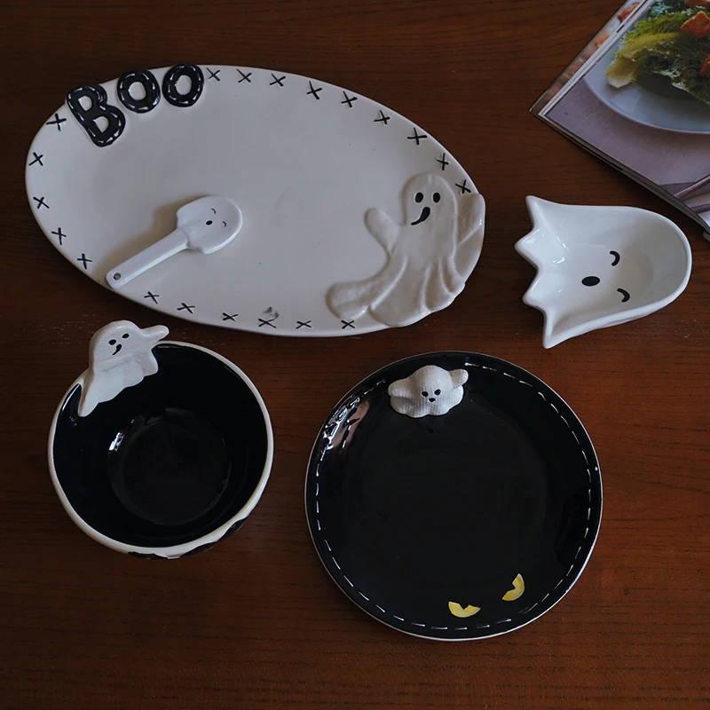 Trick Together Series  Export Hand-painted Cartoon Ghost Shaped Halloween Ceramic Tableware  Western Food Plate  Dish Set