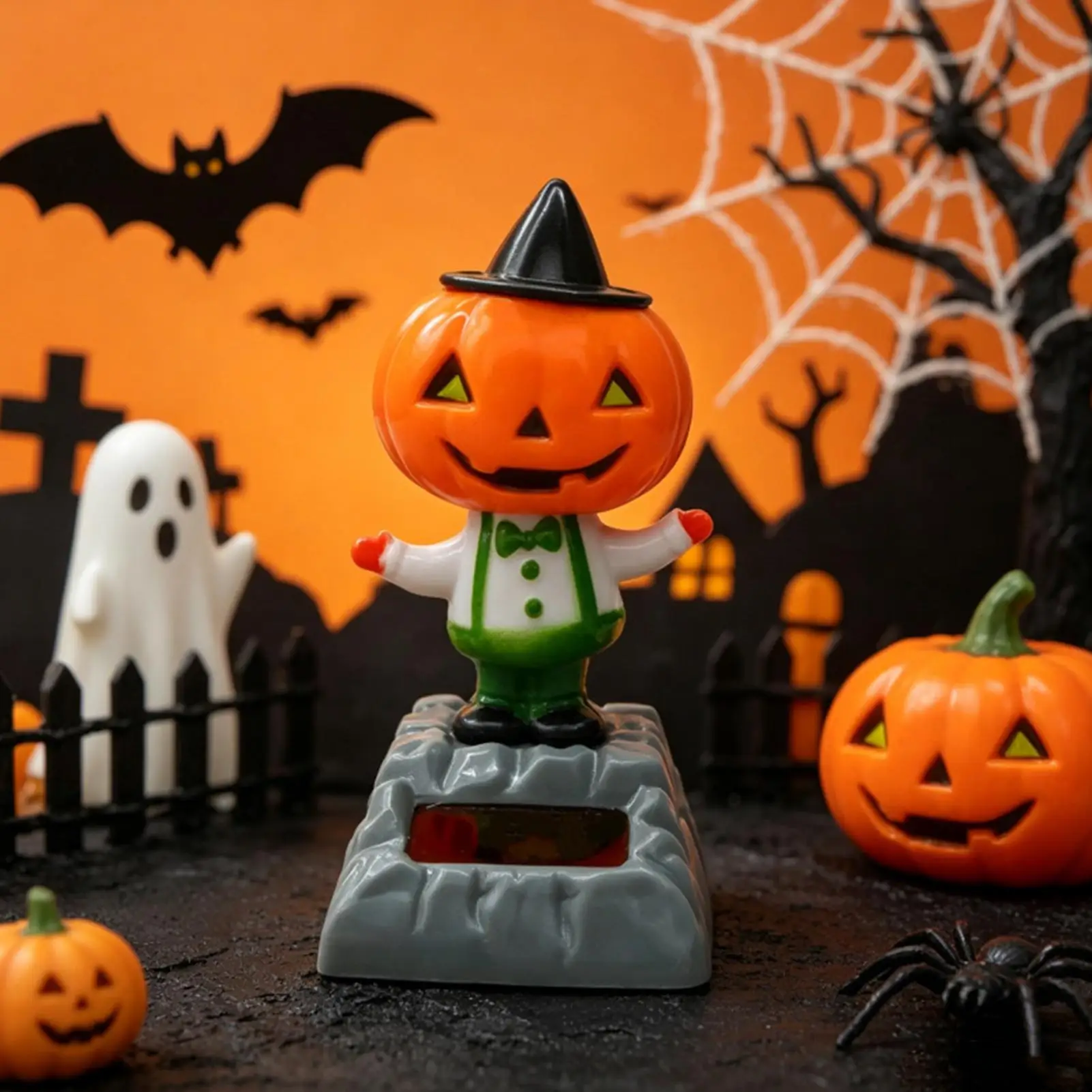 Solar Dancing Halloween Figurine Spooky Dashboard Pumpkin Decoration Solar Powered Shaking Toy For Cars SUVs RVs Minivans