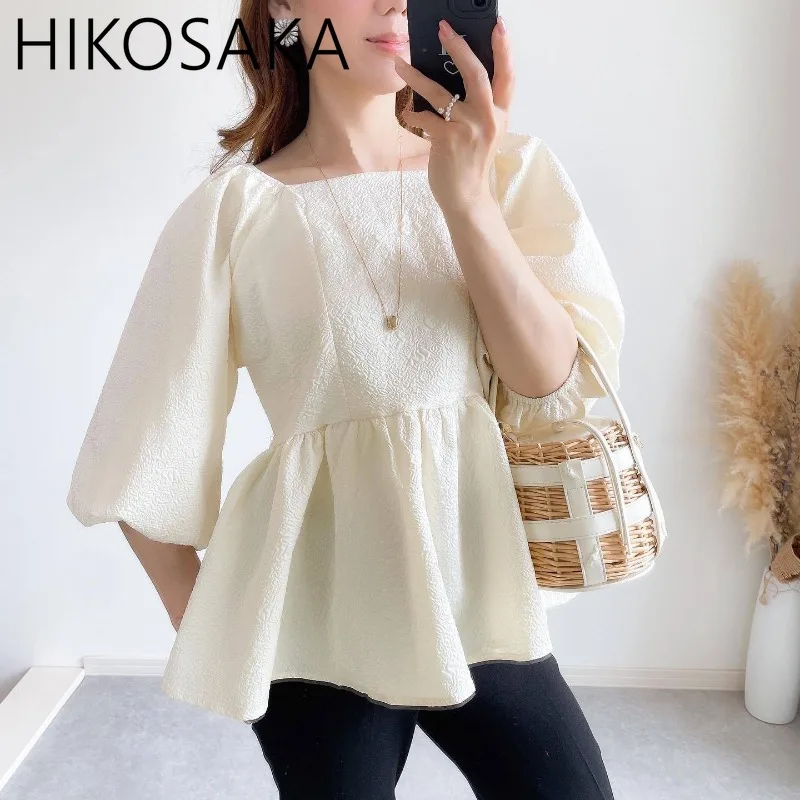 Japan Style Square Collar Puff Sleeve Sweet Blouses Women Solid Temperament Fairy Shirts Loose A-line Patchwork Blusas Mujer