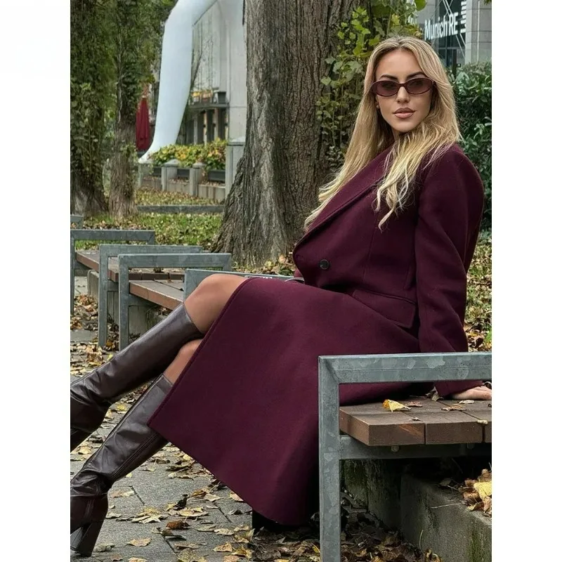 

Burgundy Wool Coat for Women Long Sleeve Double Buttoned Flap Blend Jacket Outdoor Street Clothing for Autumn Winter