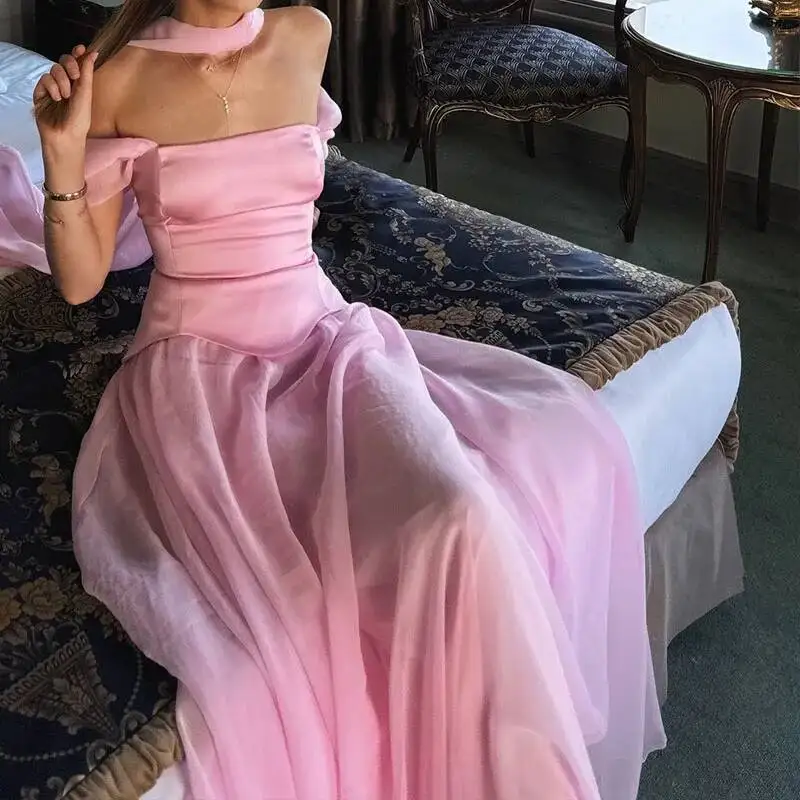 Spring Elegant Temperament Solid Long Women Sexy Strapless High Waist Swing Maxi Summer Backless Zip Boho Dress