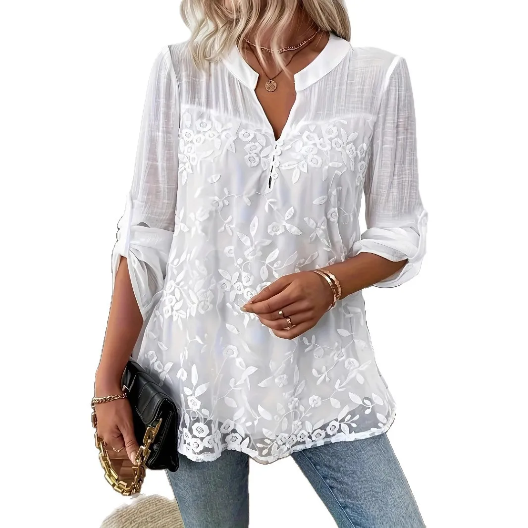 2026 Women Fashion Shirt Top White Lace Hollow Out V-Neck Pullover Casual Loose Shirt Tops Summer Elegant Office Womens Clothing