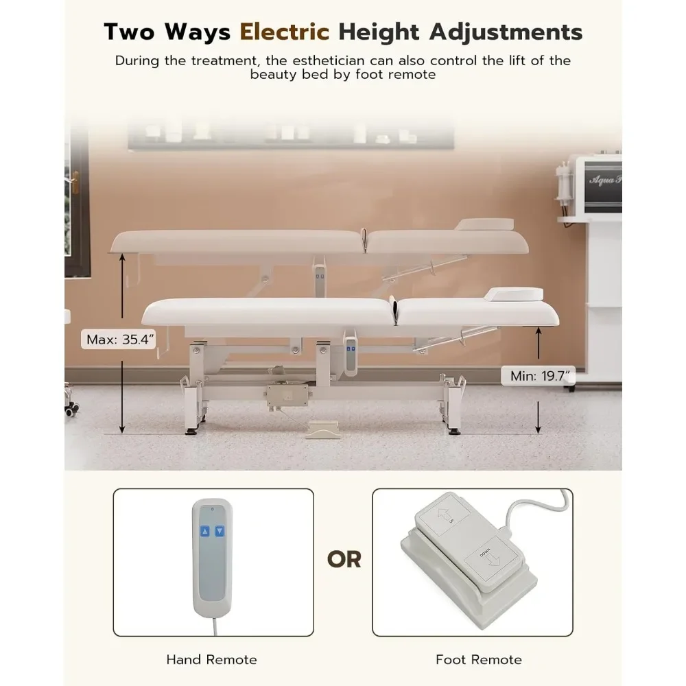 Electric Lift Massage Table Bed and Stool, Spa Facial Treatment Table W/Face Hole, Adjustable Backrest Medical Table Beauty Beds